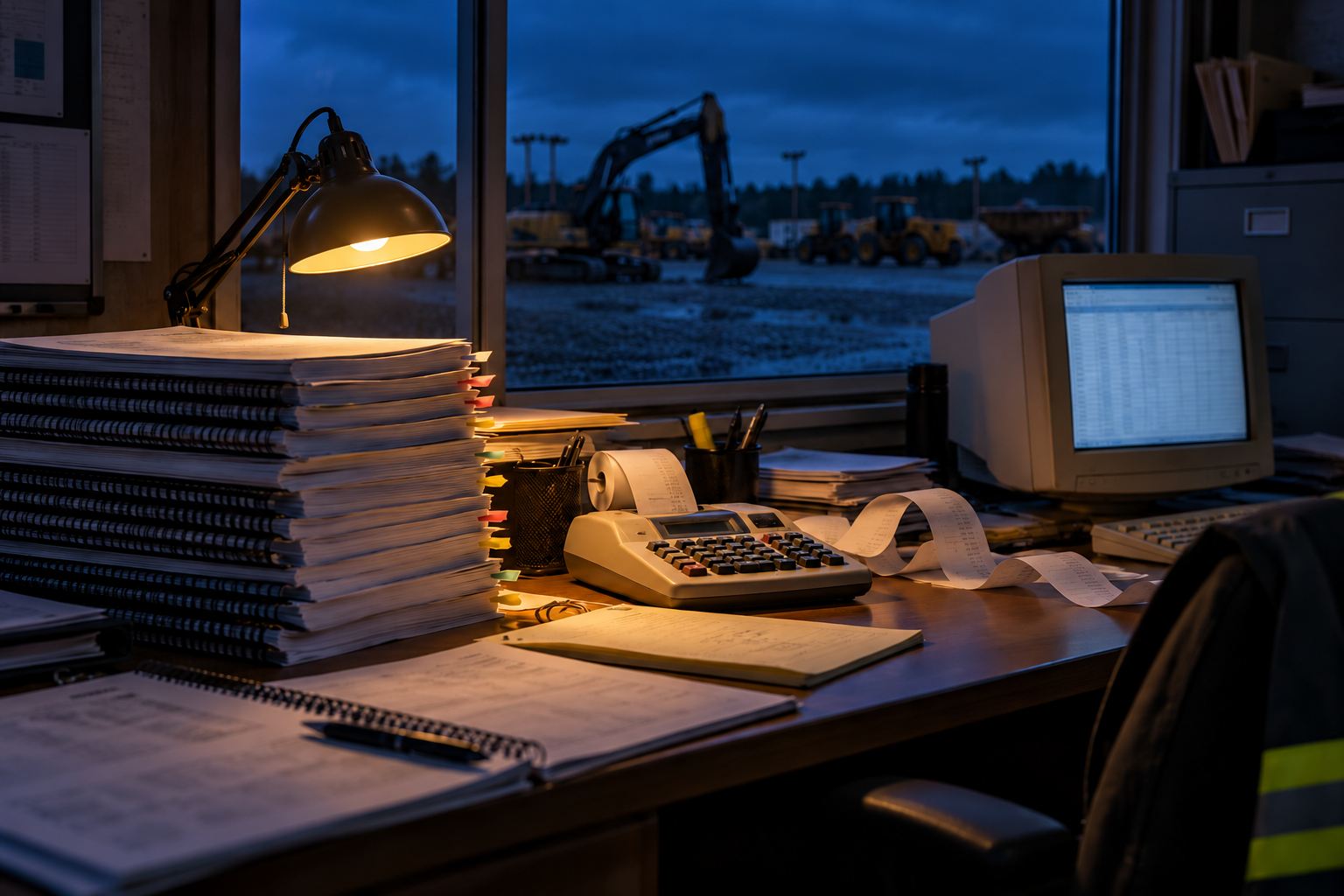 A stack of printed accounting reports on a contractor's desk at dusk